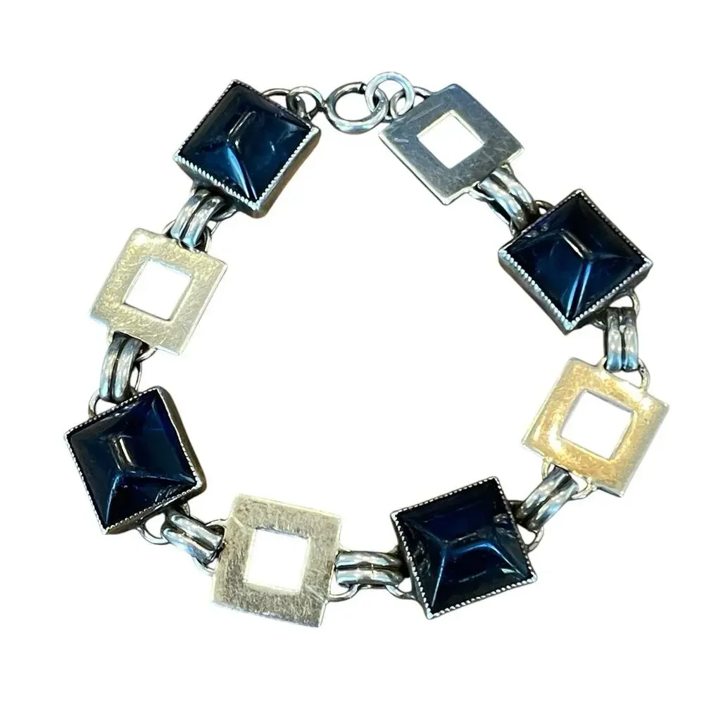 Vintage Art Deco Sterling Silver & Blue Glass Sugarloaf Cabochon Bracelet 8